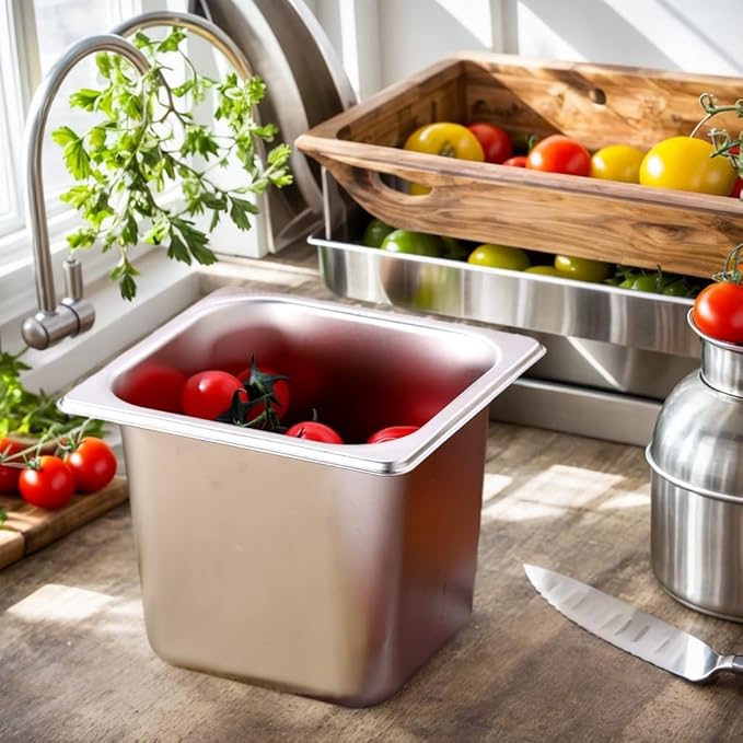 5 Pack Stainless Steel Hotel Pans，1/6 Size，6"" Deep Steam Table Pan，Commercial Food Storage Containers Stackable Metal Steamer Pan for Hotel Restaurant Buffet Party (1/6 Size x 6" Deep)
