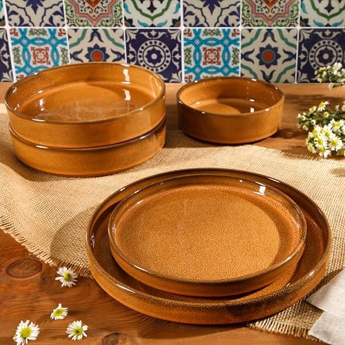 Bloomhouse - Two Time Oprah's Favorite Things Winner - Santorini Mist Double Bowl Terracotta Reactive Glaze Plates and Bowls Dinnerware Set - Amber, Service for Four (16pcs) - Image 6