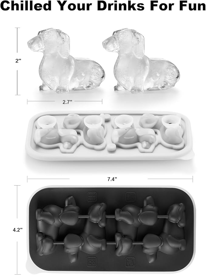 3D Dachshund Ice Cube Mold, 4 Hole Fun Shapes Dog Ice Cube Tray for Whiskey, Cocktail, Bourbon - Cute Novelty Dog Gifts for Women, BPA Free