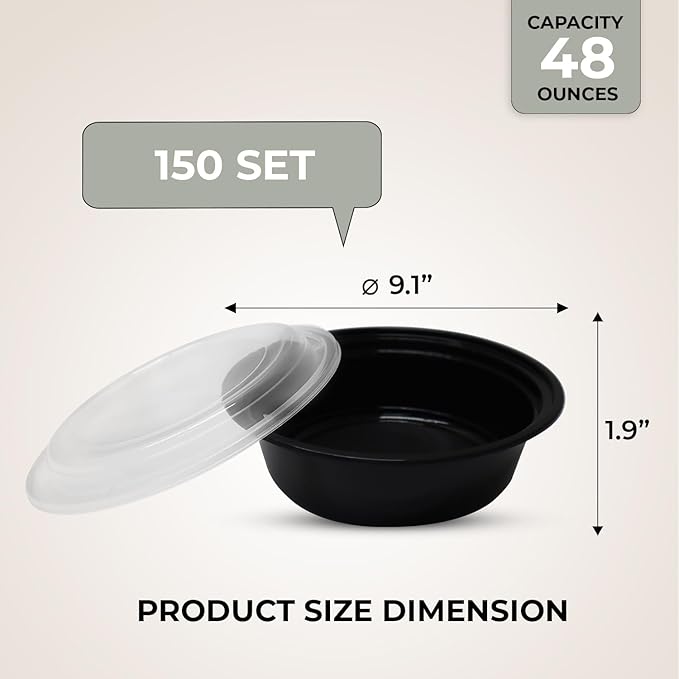 Klex 24 Oz, 50 Sets Meal Prep Containers with Airtight Lids, BPA Free, Reusable Plastic Food Container, 24 oz, Round, Black/Clear, 50 Sets
