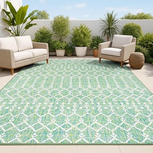JONATHAN Y Moroccan Geometric Indoor Outdoor Area Rug 9X12 Green/Cream, Ourika Textured Weave for Backyard, Patio, Porch, Easy-Cleaning, High Traffic, Pet-Friendly, Non-Shedding (SMB108L-9) by JONATHANY
