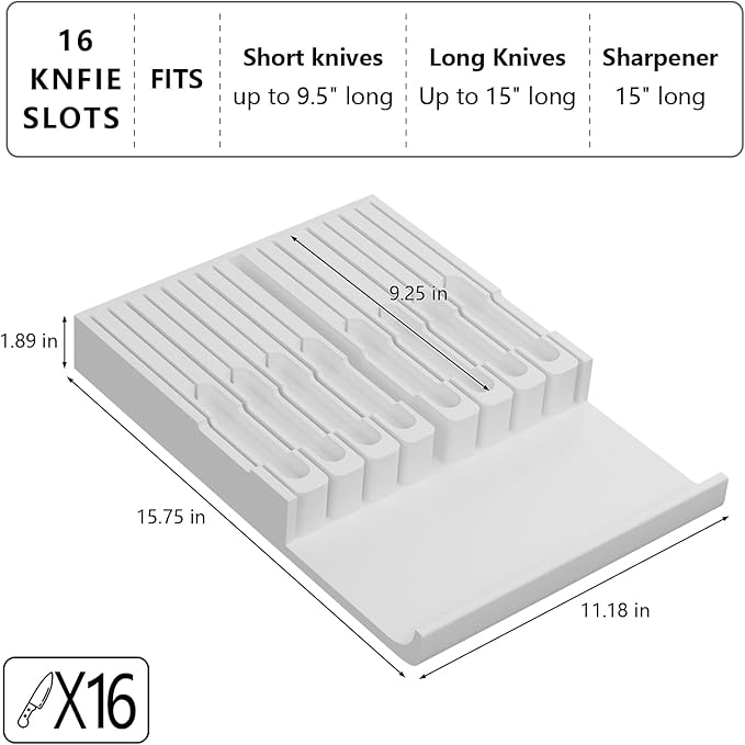Domax Bamboo In-drawer Knife Block - Knife Drawer Organizer Insert Large Handle Steak Knife Holder, Kitchen Drawer Knife Organizer Fits for 16 knives and 1 Sharpening Steel (Not Included), White