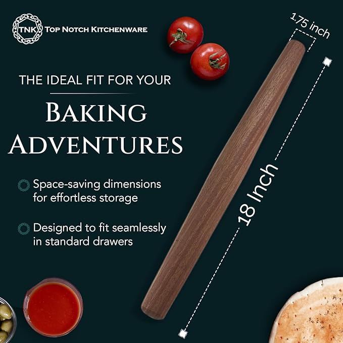 Top Notch Kitchenware Mahogany French Rolling Pin | Non-Stick Kitchen Tool | Tapered Solid Wood Design for Precise Bakin | Ideal for Professional & Home Bakers