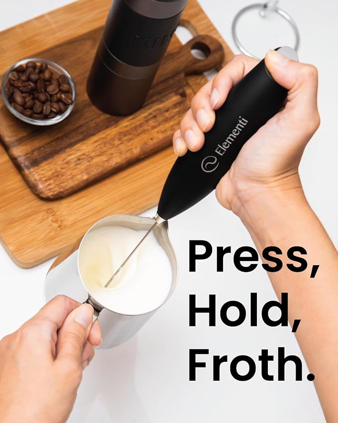 Elementi Milk Frother Wand & Drink Mixer with Stand - Turbo Milk & Coffee Frother Handheld - Hand Held Coffee Mixer Wand & Cold Foam Maker for Frothy Cappuccinos, Lattes & Drink Mixes at Home (Black)