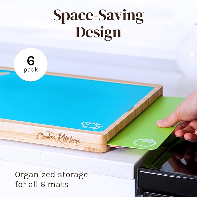 Personalized Easy-to-Clean Bamboo Wood Cutting Board with set of 6 Color-Coded Flexible Cutting Mats with Food Icons - Chopping Board Set