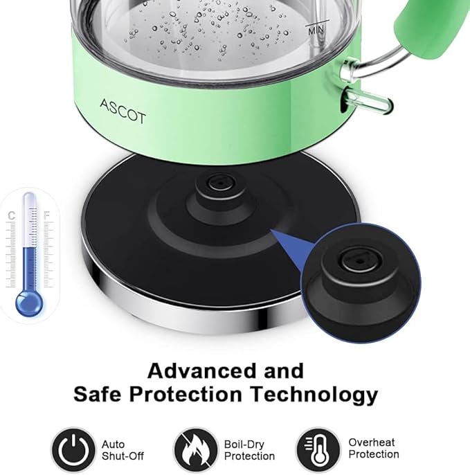 ASCOT Electric Kettle, Glass Electric Tea Kettle Gifts for Men/Women/Family 1.5L 1500W Borosilicate Glass Tea Heater, with Auto Shut-Off and Boil-Dry Protection (Green)