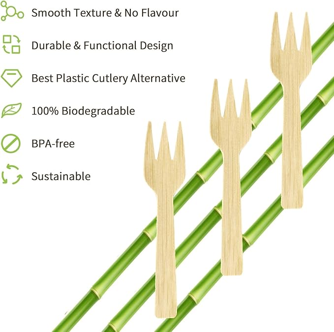Bamboo Cutlery Set | 2000PK Mini Forks 3.54" Disposable Small 100% Compostable Eco-Friendly Renewable Natural Fork Bulk for Dessert/Fruit