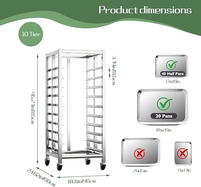 Bun Pan Rack, Commercial Bakery Sheet Rack with Brake Wheels, 10-Tier Stainless Steel Baking Tray Food cart ，for Bakeries Restaurant & Catering（Trays Not Included） ﻿ (10 Tier)
