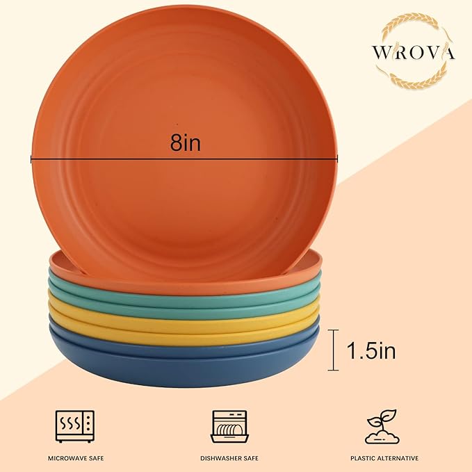 Wrova Wheat Straw Plates - 8 Inch Unbreakable Dinner Plates Set of 8 - Dishwasher & Microwave Safe Plastic Plates Reusable - Lightweight Plate for kitchen,R.V. (Colorful Series)
