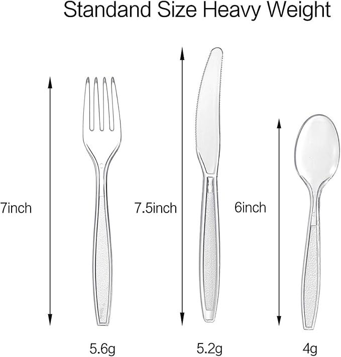 Cutlery Set Plastic Utensils Clear Forks Spoons Knives Disposable Silverware Heavyweight [300 Combo Box] (Formerly FULING)