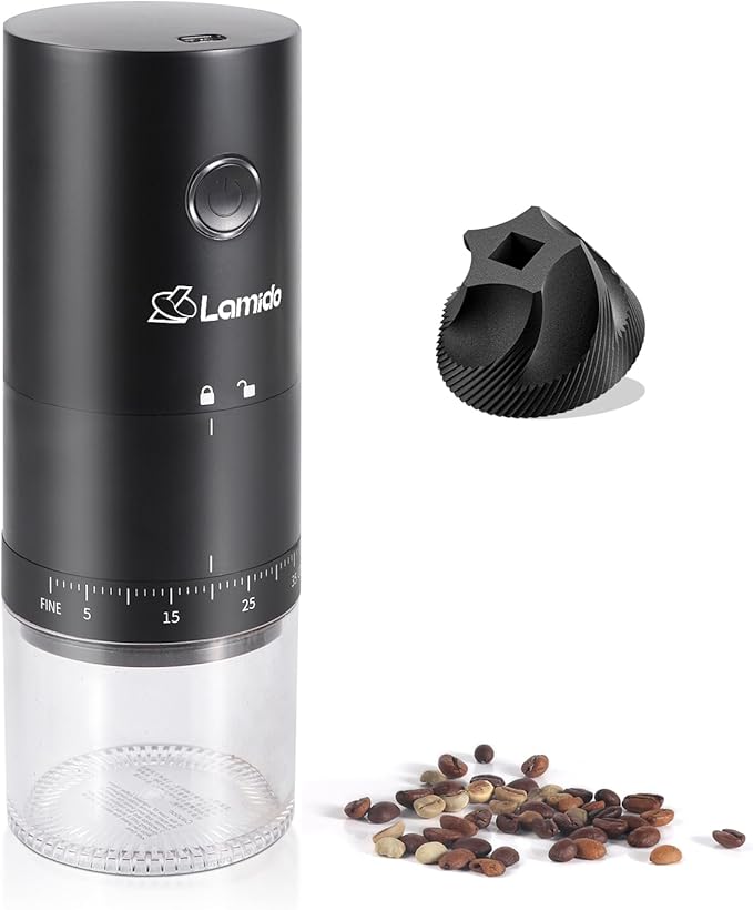 Lamido Portable Electric Coffee Grinder with Ceramic Conical Burr - 38 Adjustable Grind Settings -1500 mAh Battery Rechargeable - Auto-Stop - Washable for Espresso, Pour Over - Travel, Camping (Black)
