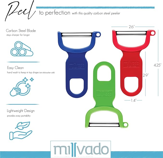 Vegetable Peeler, Swiss Made Sharp Peelers for Kitchen, Set of 3 Y Peeler for Potatoes, Apple Peeler, Vegetables, Fruits, Carbon Blade, Dishwasher Safe