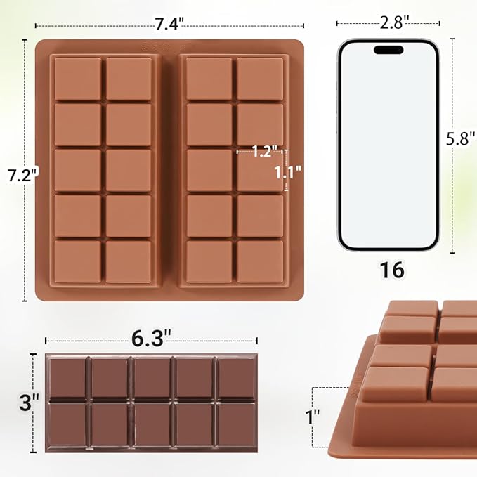 FUNBAKY Dubai Silicone Chocolate Bar Mold - 1-Inch Deep Cavities, Large Thick Candy Bar Mold, Ideal for Filling Pistachio Chocolate, Includes Scraper, 2 Pack