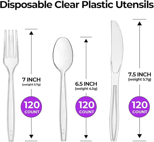 360 Count Clear Plastic Forks Spoons Knives Bulk Heavy Duty Plastic Silverware Disposable Cutlery Set Thick Durable Party Utensils for Dinner,Daily Use,Picnic