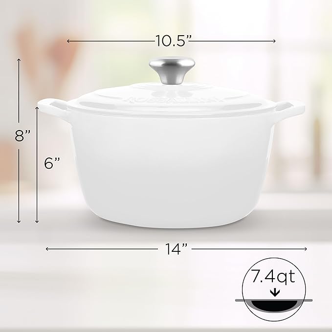 Signature Enameled Cast Iron Dutch Oven, Non-Stick Serving Pot with Tight Fitting Lid for Perfect Roasting, Baking, Sauteing, and Bread Making | 7.4Q (7L) - White