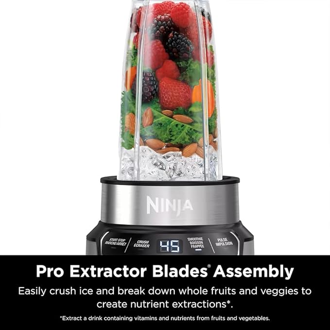 Ninja BN401 Nutri-Blender Pro with Auto-iQ, 1100W Motor (2) 24oz Cups (Renewed) Bundle with Deco Essentials Collapsable Water Bottle and 2 YR CPS Enhanced Protection Pack