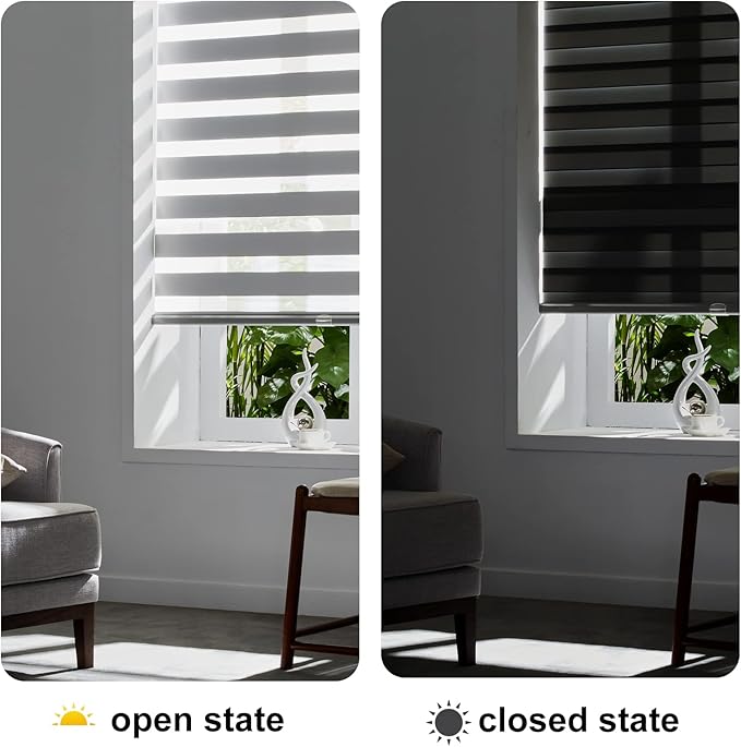 Persilux Cordless Zebra Blinds for Indoor Windows, Free-Stop Zebra Blinds Cordless, Light Filtering Sheer Shades Dual Layer for Day and Night, Zebra Roller Shades for Home (34.25" W X 47" H, Grey)
