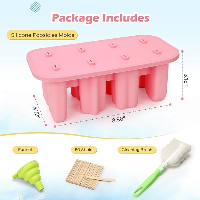 Popsicles Molds, 8-Cavity Silicone Popsicle Molds with 50 Sticks, BPA-Free Ice Pop Mold Popsicle Maker with Funnel & Cleaning Brush for Kids Adult Teens