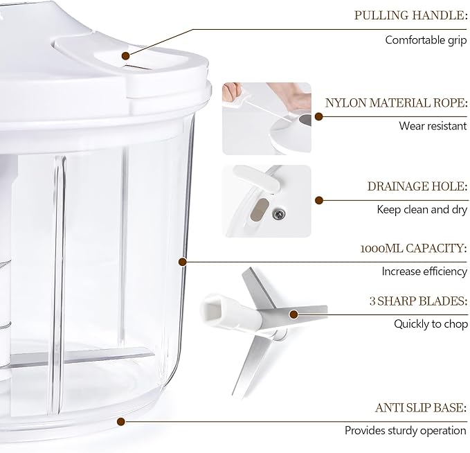 LHS Manual Food Processor Large Vegetable Chopper, 1000ML Pull String Chopper Garlic Mincer Onion Cutter for Veggies,Salad,Fruits, Nuts, BPA Free, WHITE