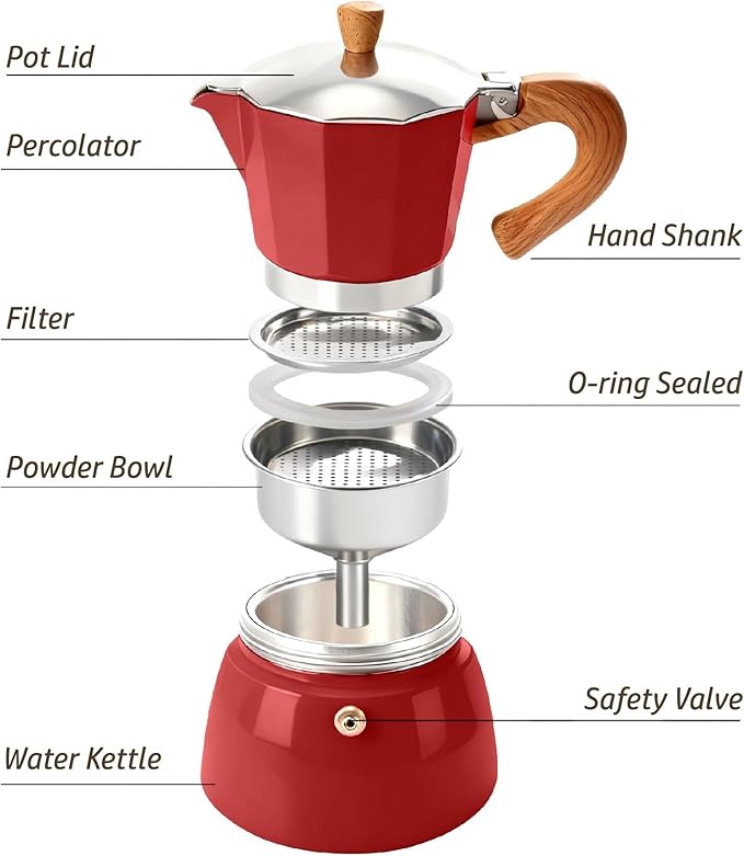 AGOGO Milano Moka Pot, Stovetop Espresso Maker, Greca, Coffee Percolator, Turkish Coffee Maker with Paper Filter 6 Cup Red