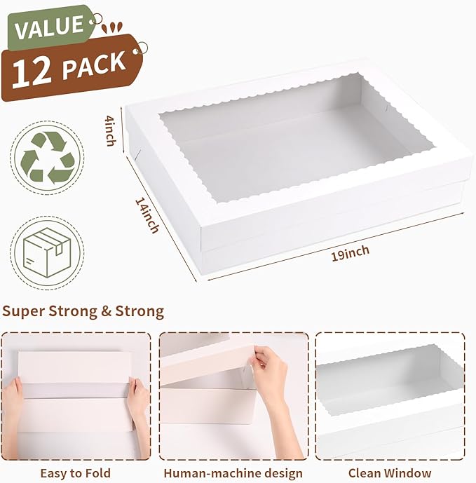 12pcs 19x14x4 inch Cake Boxes with Window，White Rectangle Sheet Large Bakery Boxes for Pastry Dessert Cake, Cupcakes Donuts Cookies Pie Treat Packaging