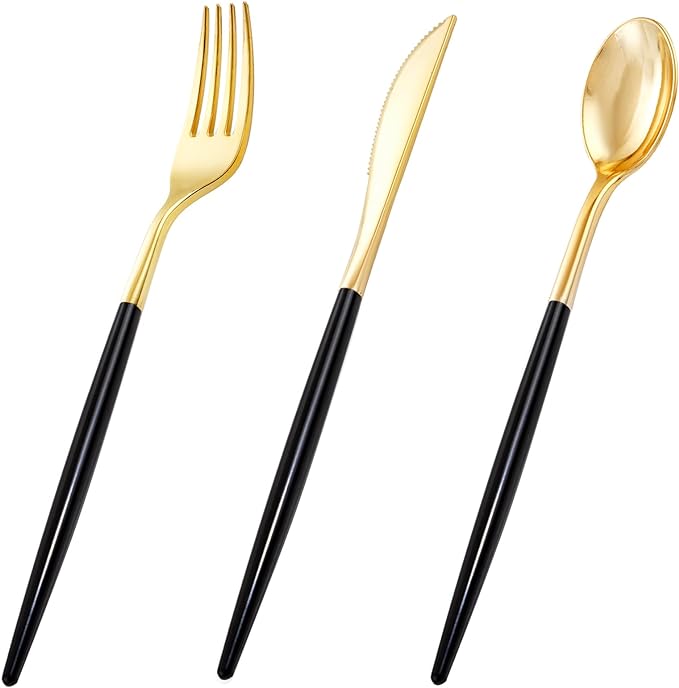 I00000 60 Pack Gold Silverware Set with Black Handle,Heavy Duty Black Plastic Cutlery Include 20 Forks 20 Knives 20 Spoons, Plastic Utensils Set for Party