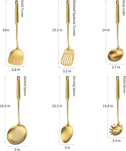 304 Stainless Steel Cooking Utensil,Kitchen Utensil with Spatula, Solid Spoon, Ladle, Skimmer, Spaghetti Spoon, 6 Piece Set, Dishwasher Safe(Gold)