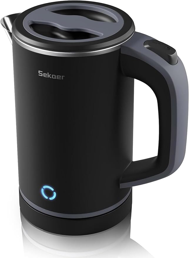 Sekaer Small Electric Tea Kettle Stainless Steel 0.8L Portable Travel Hot Water Boiler, Mini Electric Coffee Kettle with Auto Shut-Off & Boil Dry Protection, Cordless Base & LED Indicator