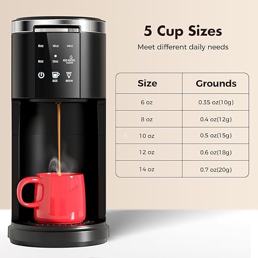 Single Serve Coffee Maker, 2 in 1 Coffee Machine for K-Cup & Ground Coffee, 6 to 14oz Brew Sizes, Pod Coffee Makers with 40oz Removable Water Reservoir, LCD Screen, Self-cleaning, for Home