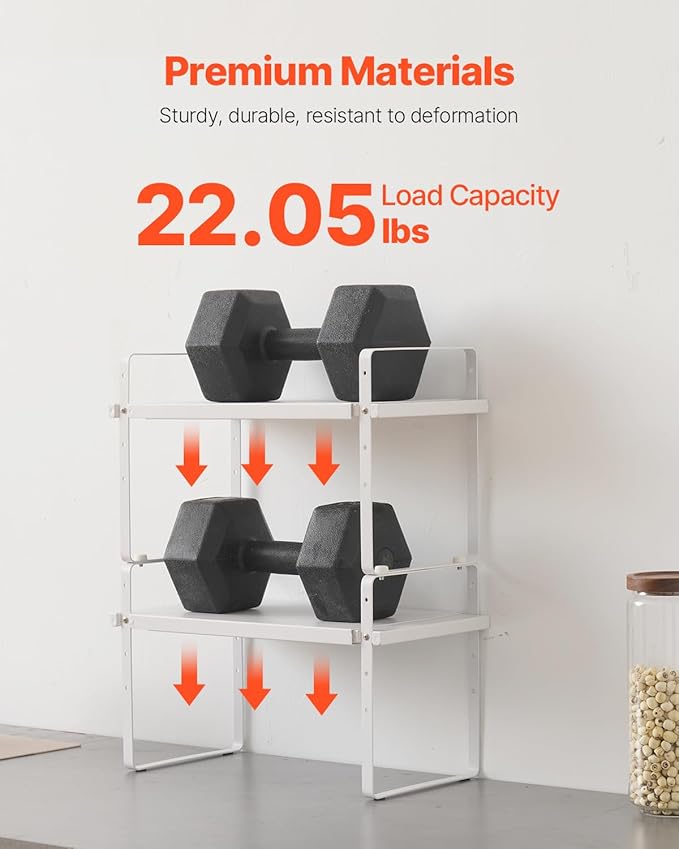 VEVOR Adjustable Kitchen Cabinet Shelf Organizer, Expandable 2 Tier Cabinet Shelf, Stackable Countertop Organizers and Storage Risers, Pantry for Kitchen Bathroom Office, White