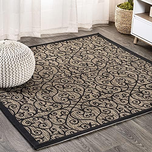 JONATHAN Y Vintage Filigree Indoor Outdoor Square Area Rug 4X4 Black/Khaki, Madrid Textured Weave for Backyard, Patio, Porch, Easy-Cleaning, High Traffic, Pet-Friendly, Non-Shedding (SMB107A-4SQ) by JONATHANY