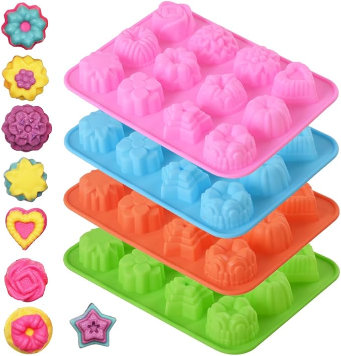 Newk Flower Heart Shape Chocolate Silicone Mold, 4 Packs 12 Cavity Candy Baking Mold for Parties, Festival and DIY Crafts - Green, Blue, Pink, Orange