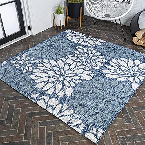 JONATHAN Y Floral Textured Weave Indoor Outdoor Square Area Rug 4X4 Navy/Aqua, Zinnia Modern for Backyard, Patio, Porch, Easy-Cleaning, High Traffic, Pet-Friendly, Non-Shedding (SMB110C-4SQ) by JONATHANY