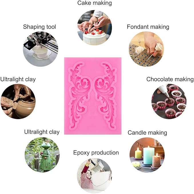 Rainmae 5 Pcs Baroque Style Curlicues Scroll Lace Fondant Silicone Mold, Relief Flower Lace Mould Filigree Mold 3D Sculpted Decoration, Cupcake Topper, Jewelry, Polymer Clay, Crafting Projects