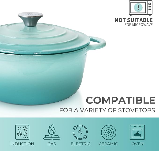 Trustmade 4.5 QT Cast Iron Dutch Oven, Enamel Coated Cookware Pot with Self Basting Lid for Home Baking, Braiser, Cooking, Aqua