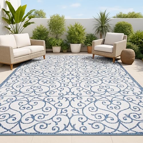 JONATHAN Y Vintage Filigree Indoor Outdoor Area Rug 8X10 Blue/Cream, Madrid Textured Weave for Backyard, Patio, Porch, Easy-Cleaning, High Traffic, Pet-Friendly, Non-Shedding (SMB107F-8) by JONATHANY