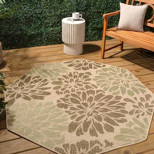 JONATHAN Y Floral Textured Weave Indoor Outdoor Octagon Area Rug 5 Ft Sage/Brown, Zinnia Modern for Backyard, Patio, Porch, Easy-Cleaning, High Traffic, Pet-Friendly, Non-Shedding (SMB110A-5TGN) - Image 3