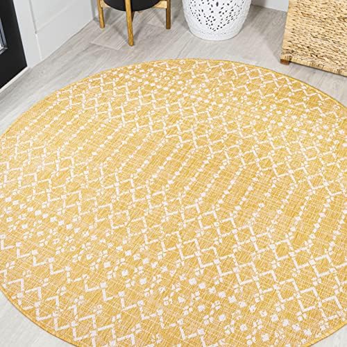 JONATHAN Y Moroccan Geometric Indoor Outdoor Round Area Rug 5 Ft Yellow/Cream, Ourika Textured Weave for Backyard, Patio, Porch, Easy-Cleaning, High Traffic, Pet-Friendly, Non-Shedding (SMB108G-5R) by JONATHANY