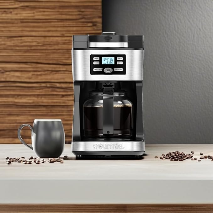 Gourmia Digital Coffee Machine 12Cup FullyAutomatic Large coffee maker integrated CoffeeGrinder,Pot,stainless steel mesh coffee filter 4Hr KeepWarm and Freshness Indicator GCM3180,Black and Silver