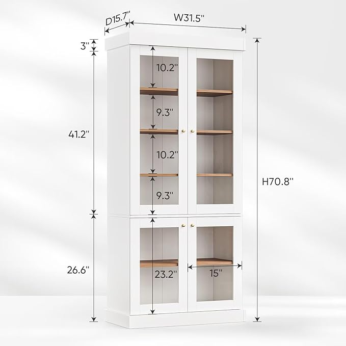 70.8" Tall Farmhouse Kitchen Pantry Cabinet with Glass Doors, Modular Storage Cabinet with 6-Tier Adjustable Shelves, White, Wooden Hutch for Kitchen, Living Room, Set of 2