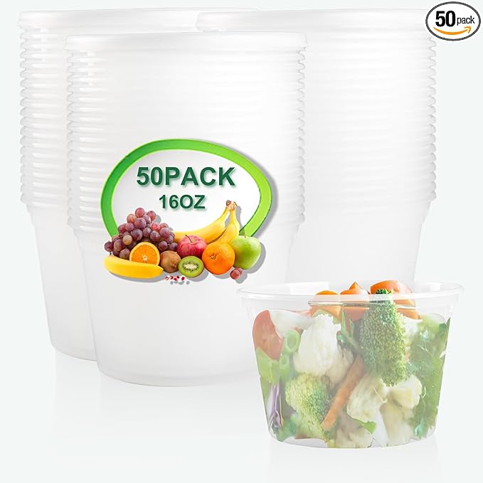 Deli Food Containers with Lids 16 oz-50 Pack Meal Prep Containers Food Storage Containers with Lids Stackable, Leakproof, BPA Free, Microwave Dishwasher Freezer Safe for Takeout Meal
