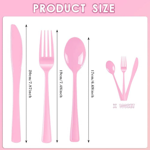 300 Pack Pink Disposable Plastic Silverware Heavy Duty, Plastic Cutlery Set,Forks and Spoons Knives Set for Birthday Party Prom Night, Weddings