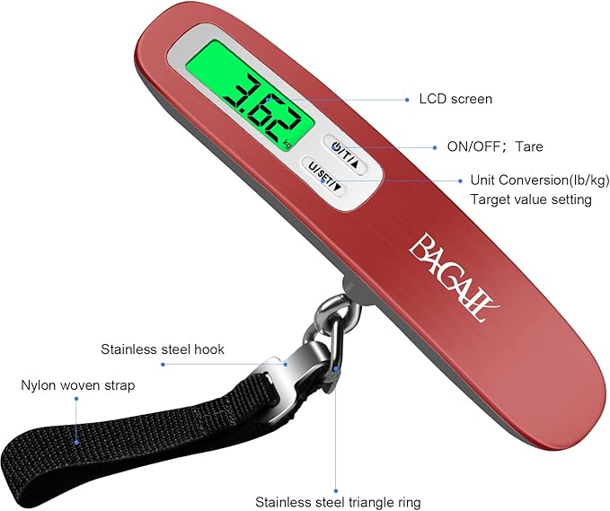 BAGAIL Digital Luggage Scale, 110lbs Hanging Baggage Scale with Backlit LCD Display, Portable Suitcase Weighing Scale, Travel Luggage Weight Scale with Hook, Strong Straps for Travelers