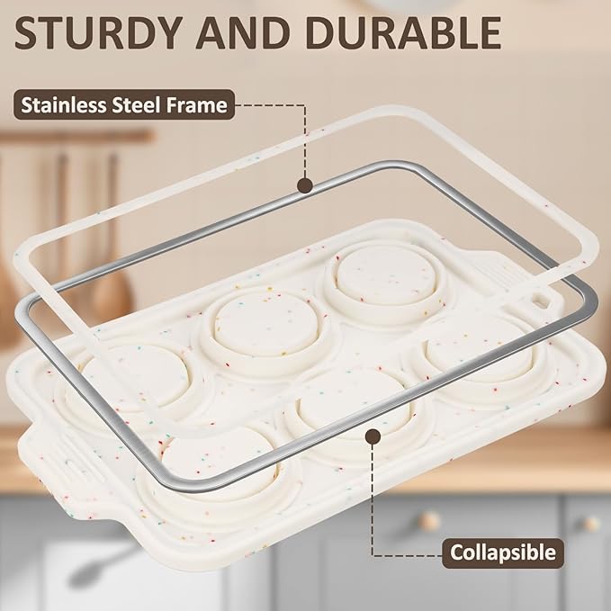 2 Pack Silicone Muffin Pan - Non Stick Collapsible Metal-Reinforced Frame Cupcake Pan with Handles 6 Cup Regular, BPA Free Silicone Muffin Tray, Cupcake Baking Pan Molds for Oven Dishwasher Safe