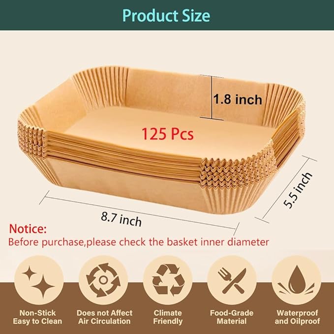 parchment paper for air fryer,8.7 * 5.5inch rectangle air fryer liners disposable,125pcs non-stick airfryer liners rectangle free of bleach, compatible with 8-9 Qt baskets