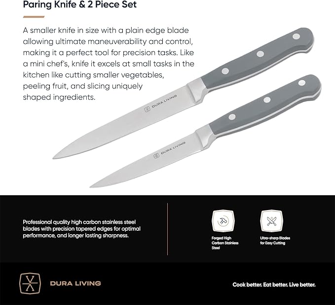 DURA LIVING Chef's Knife Set, 4 Piece Cutlery Knife Set, Superior Forged High Carbon Stainless Steel Ultra Sharp 8 Inch Chef, 7 Inch Santoku, 5 Inch Utility, 3.5 Inch Paring Knives, Grey