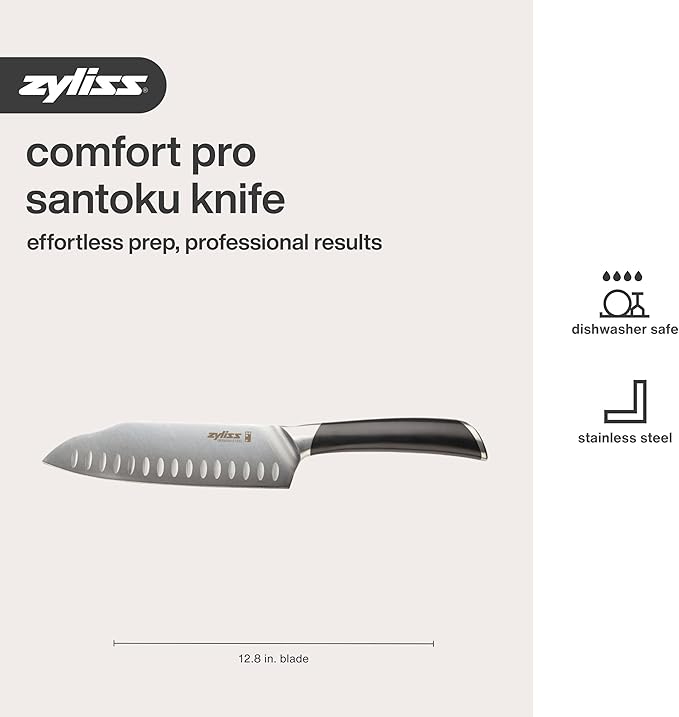 Zyliss Comfort Pro Santoku Knife - Ice Hardened Stainless Steel Kitchen Knife - Tarnish-Free and Rust-Resistant Kitchen Cutlery with Antibacterial Handle - Black/Stainless Steel - 7 inches