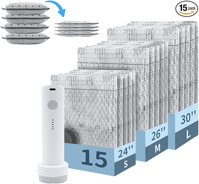 Vacuum Storage Bags for Travel with Portable Pump, 15PCS Reusable Compression Bags for Clothes Luggage Bedding, Space Saver Bags for Travel & Home Organization, 3-Size Set (S/M/L)