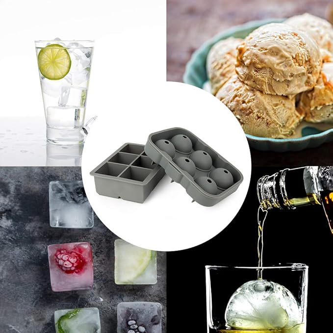 Ticent Ice Cube Trays Set of 2-Silicone Sphere Ice Ball Maker with Lid & Large Square Ice Molds for Whiskey, Cocktail & Brandy (Grey)