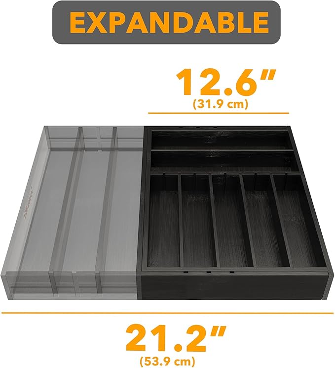 SpaceAid 2.5" High Bamboo Silverware Drawer Organizer with Labels, Kitchen Utensil Expandable Tray Holder for Flatware, Cutlery, Spoon and Knives Drawer Storage Organization (Black)